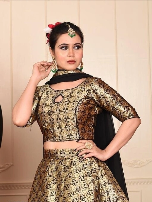 Black-Gold Partywear Woven Zari Banarasi Jacquard Lehenga Choli