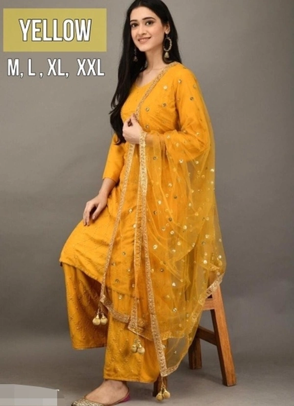  Luxurious Mirror Embroidery Work, Rayon  Kurti Palazzo Sets - M