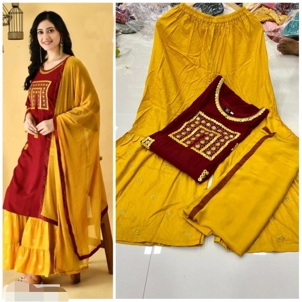 Trendy Rayon Cotton Embroidered Kurti Sharara Set  - M