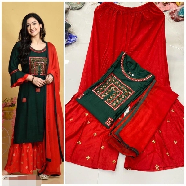 Trendy Rayon Cotton Embroidered Kurti Sharara Set  - L