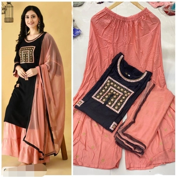 Trendy Rayon Cotton Embroidered Kurti Sharara Set  - XXL