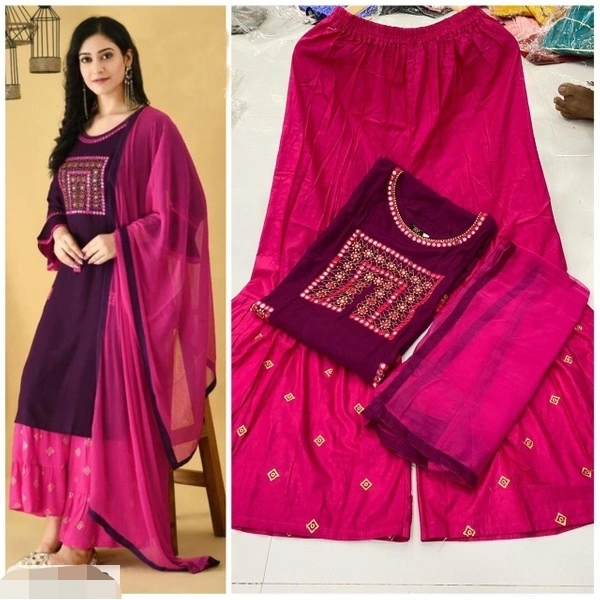 Trendy Rayon Cotton Embroidered Kurti Sharara Set  - M