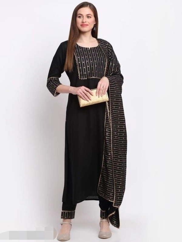 GoSriki Black Color Cotton Blend Kurti, Bottom with Dupatta (LUPIN-BLACK) - XL
