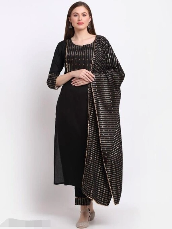 GoSriki Black Color Cotton Blend Kurti, Bottom with Dupatta (LUPIN-BLACK) - XXL