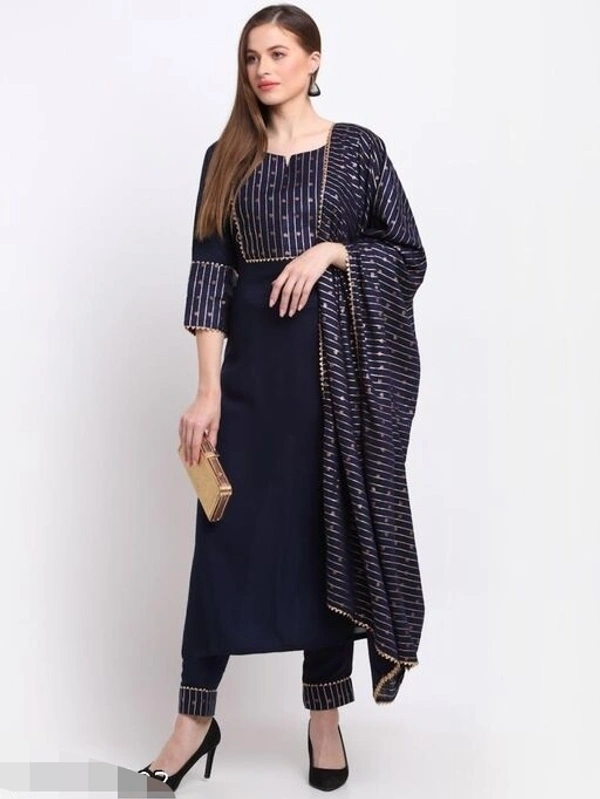  GoSriki Blue Color Cotton Blend Kurti, Bottom with Dupatta (LUPIN-BLUE) - M