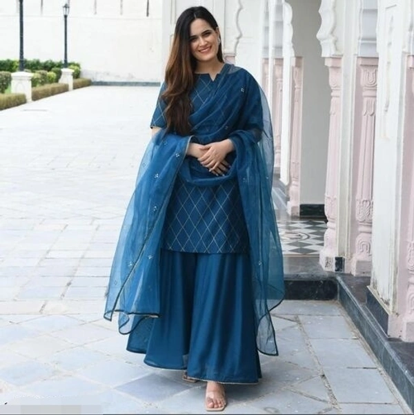 Women's Rayon Gold Printed Kurta With Sharara Dupatta Set - XXL