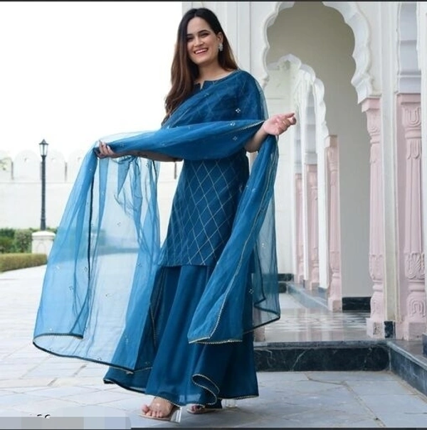 Women's Rayon Gold Printed Kurta With Sharara Dupatta Set - XL