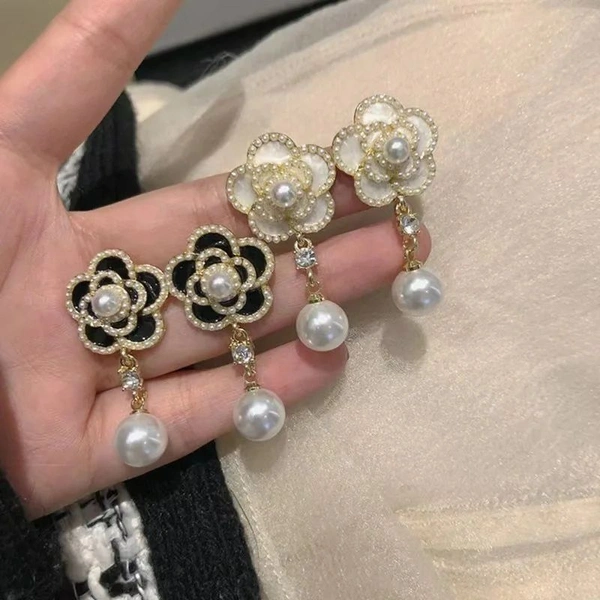 Arzonai New camellia  pearl flower earrings female Korean temperament French court style  earrings tide