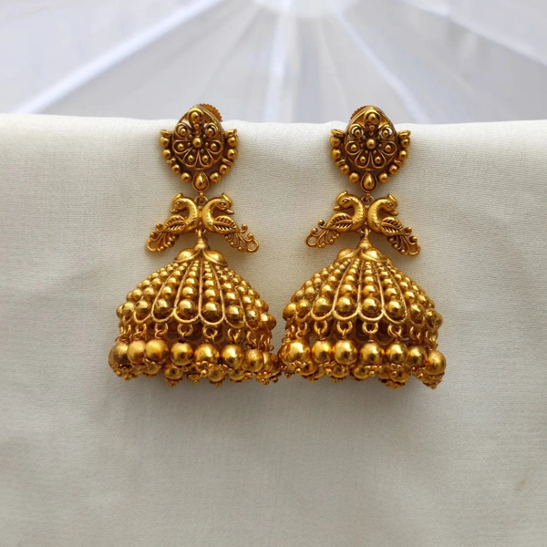 Peacock Design Gold Matte Finish Jhumkas / Earrings