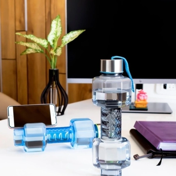 Bottles-Unbreakable Plastic Dumbbell Shape Water Bottle with Steel Cap Lids(Pack of 2)