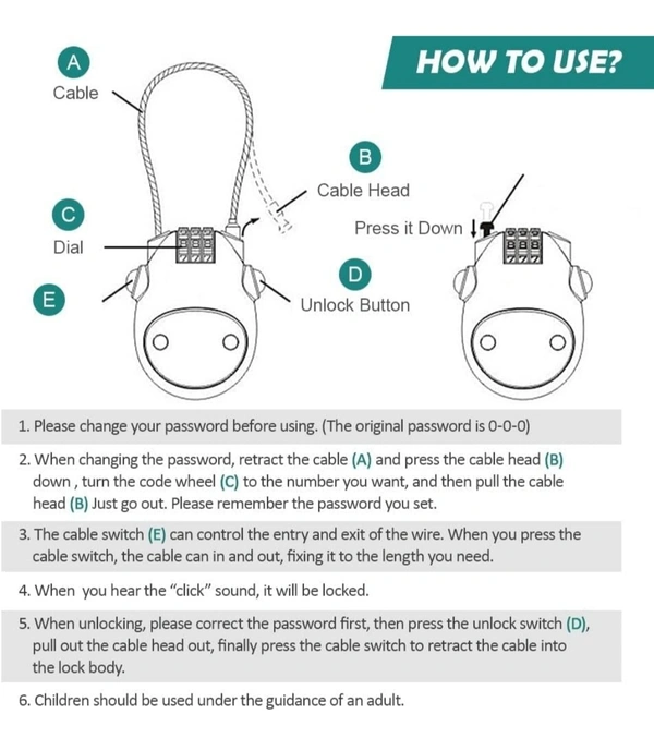 Helmet Lock for Bike Lock/Number Lock for Helmet/Extendable Cable Lock/Password Lock Telescopic Wire Rope (BLACK)