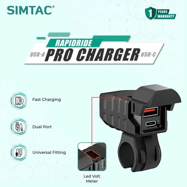SIMTAC RapidRide PRO: 51W Dual-Port USB-A & Type-C Charger with Voltmeter for Universal Fitment