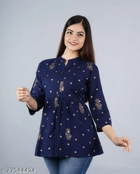 Womens printed rayon top, trendy top,  - Dark Blue, S-28