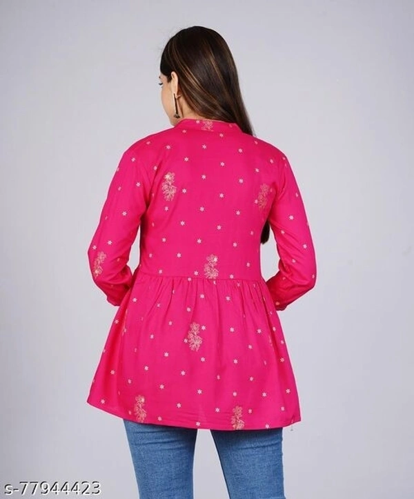 womens printed rayon top, trendy top, partywear top, festival top, wedding top, offical top - Pink, M-30