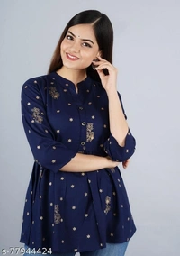 womens printed rayon top, trendy top, partywear top, festival top, wedding top, offical top - Nevy Blue, M-30