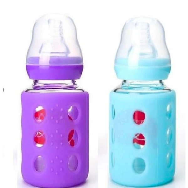 Glass Feeding Bottle With Silicone Cover - Pink, 80 ml