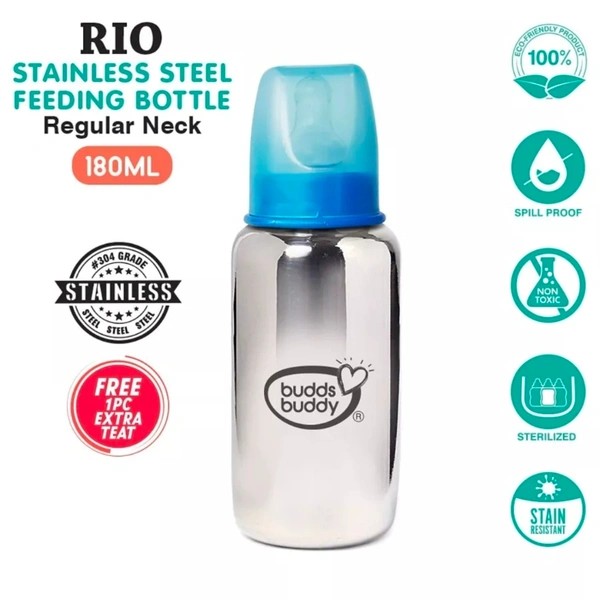 Budds Buddy RIO Stainless Steel Feeding Bottle 180 ml - Sky blue, 180 ml