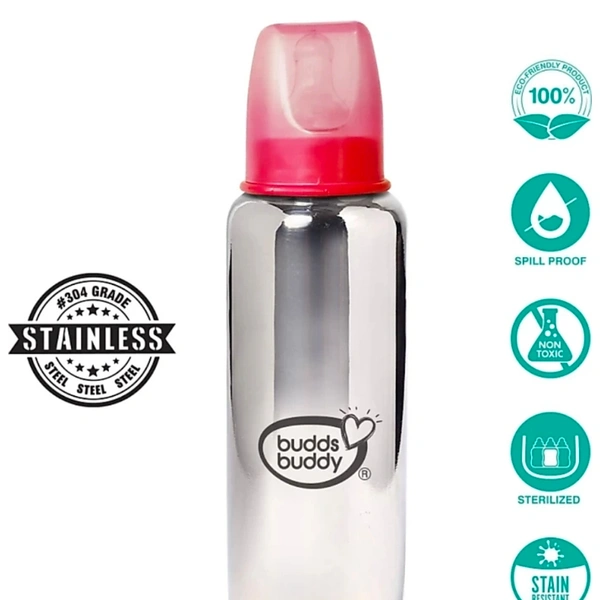 Budds Buddy RIO Stainless Steel Feeding Bottle 180 ml - Pink, 180 ml
