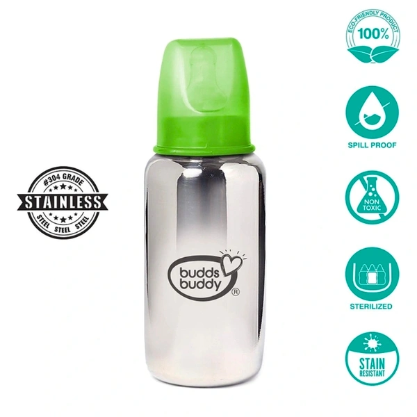Budds Buddy RIO Stainless Steel Feeding Bottle 180 ml - Green, 180 ml