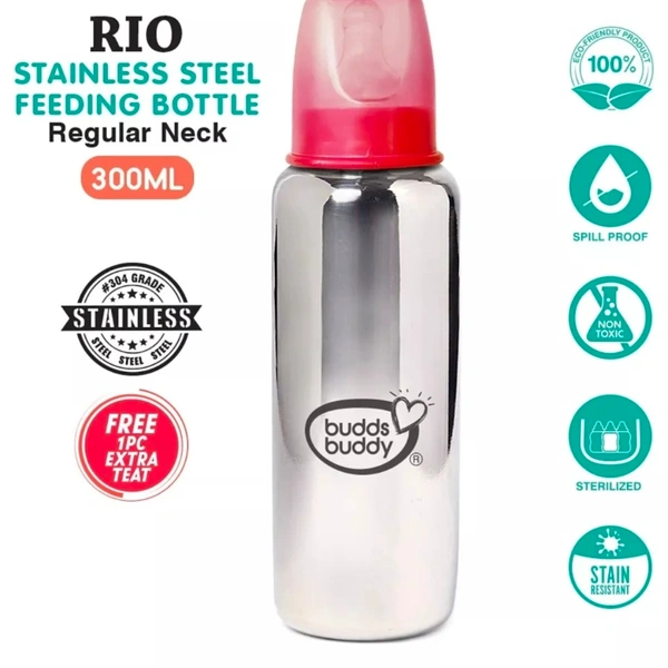 Budds Buddy RIO Stainless Steel Feeding Bottle 300 ml - 300 ml, Pink