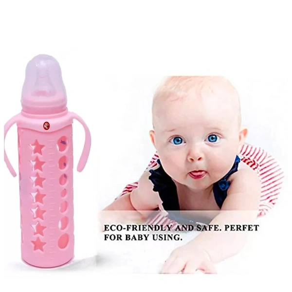 Glass Feeding Bottle With Silicone Cover & Handle - Pink, 120 ml