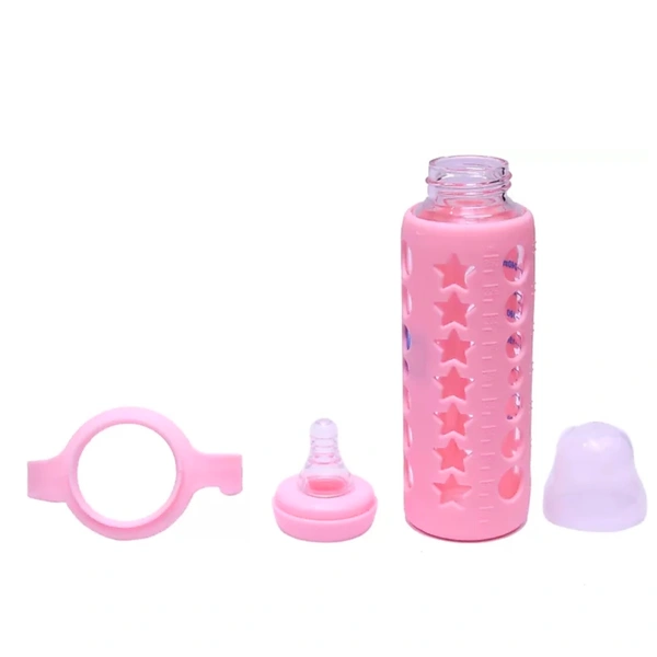 Glass Feeding Bottle With Silicone Cover & Handle - Pink, 120 ml