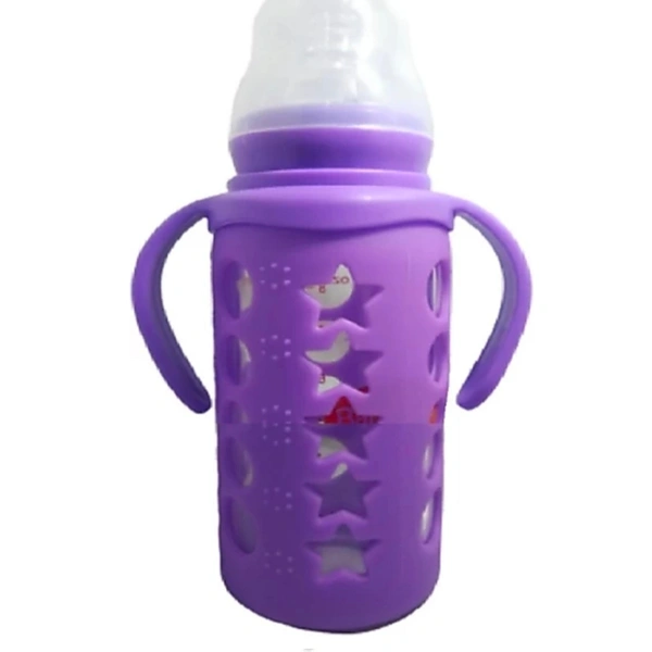 Glass Feeding Bottle With Silicone Cover & Handle - Purple, 120 ml