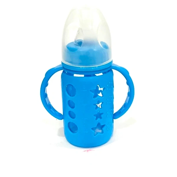 Glass Feeding Bottle With Silicone Cover & Handle - Sky blue, 120 ml
