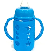 Glass Feeding Bottle With Silicone Cover & Handle - Sky blue, 120 ml