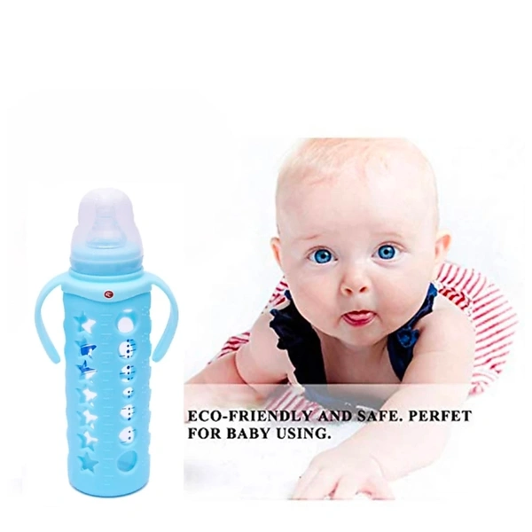 Glass Feeding Bottle With Silicone Cover & Handle - Sky blue, 240 ml