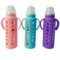 Glass Feeding Bottle With Silicone Cover & Handle - Sky blue, 240 ml