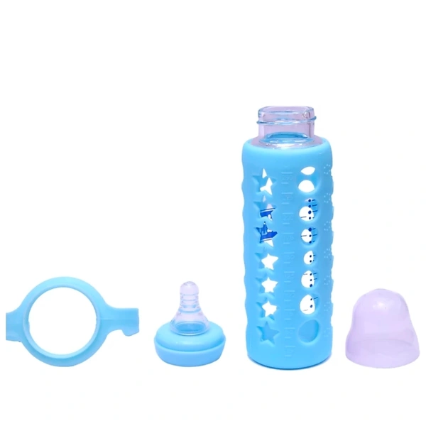 Glass Feeding Bottle With Silicone Cover & Handle - Purple, 240 ml