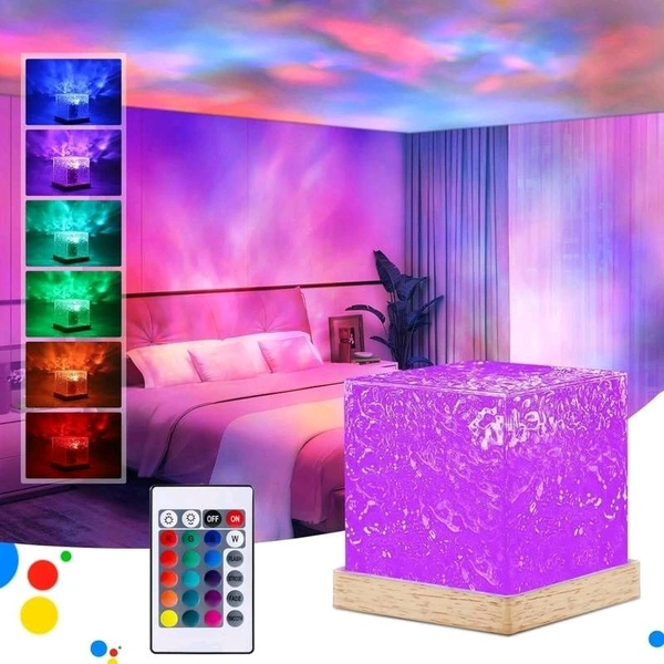 Romantic Projector Warm Ocean Wave Water Sixteen LED Night Light Projector 3D Water Wave Effect, Remote Control USB Crystal Table Lamp for Home Decor, Bedroom & Gift, Multicolor Light (Cube Shape)