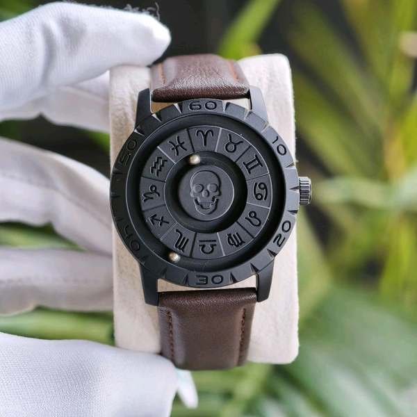 Exclusive Zodiac-Inspired Skeleton Dial Watch – Premium Vintage Leather Strap, Rotating Time Display & Bold Luxury Design