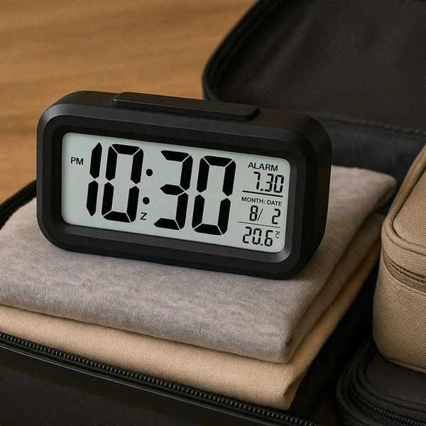 Digital LCD Alarm Clock with Backlight – Optically Controlled Battery-Powered Clock with Time, Date, and Temperature Display