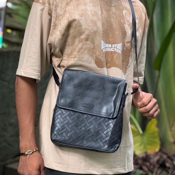 Jeep Crossbody Sling Bag - PU Leather Shoulder Bag with Adjustable Strap, Flap Cover, and Textured Design