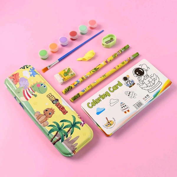 Kids Art & Stationery Gift Set – Includes Watercolor Palette, Coloring Cards, Metal Pencil Box, Pencils, Eraser, Sharpener & Dino Cap – Ideal Creative Drawing Kit for Children Aged 5+