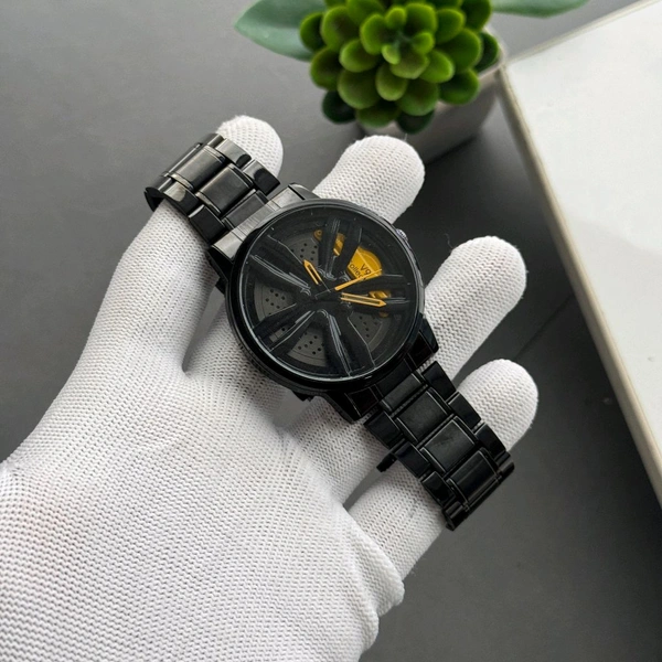 Car Alloy Wheel Dial Watch – Men’s Black Steel Strap, Non-Gyro Design, Stylish Motorsport-Inspired Timepiece