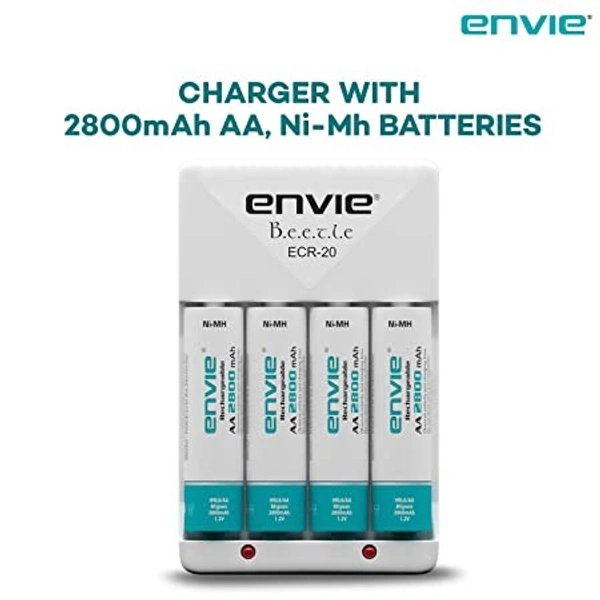 ENVIE® (ECR20+AA2800 4PL) Charger For AA & AAA Rechargeable Batteries - 9.3 x 6 x 5 Centimeters, White