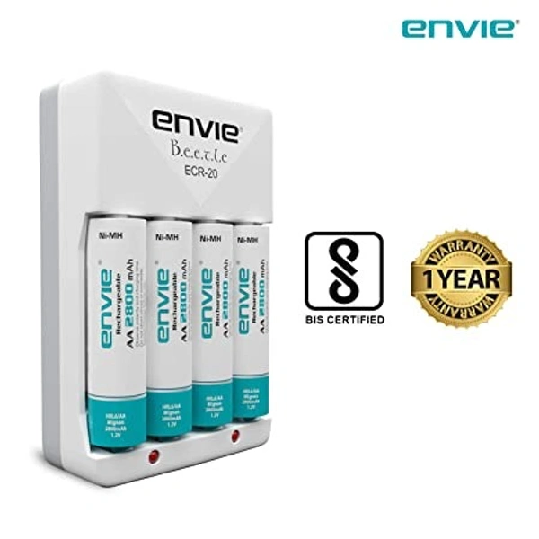 ENVIE® (ECR20+AA2800 4PL) Charger For AA & AAA Rechargeable Batteries - 9.3 x 6 x 5 Centimeters, White