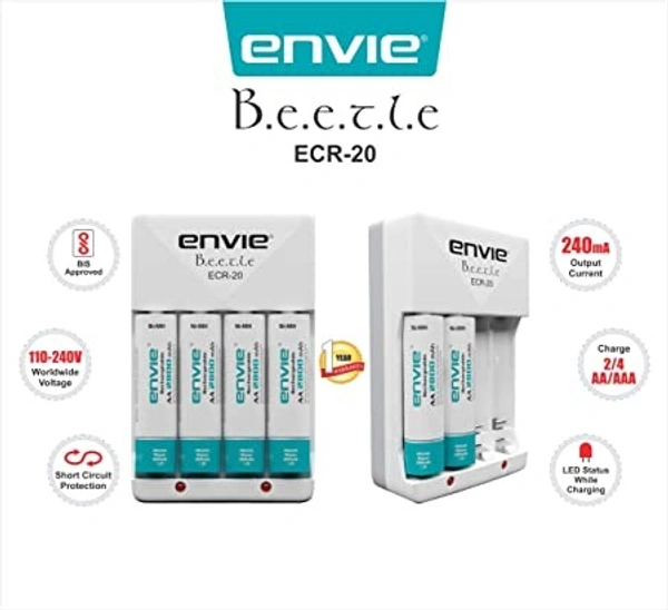 ENVIE® (ECR20+AA2800 4PL) Charger For AA & AAA Rechargeable Batteries - 9.3 x 6 x 5 Centimeters, White