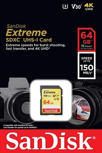 SanDisk Extreme SDXC, SDXVE 64GB, V30, U3, C10, UHS-I, 90MB/S R, 40MB/S W, For 4K Video