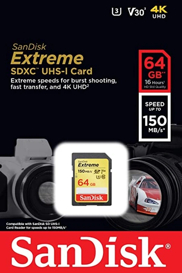 SanDisk Extreme SDXC, SDXVE 64GB, V30, U3, C10, UHS-I, 90MB/S R, 40MB/S W, For 4K Video