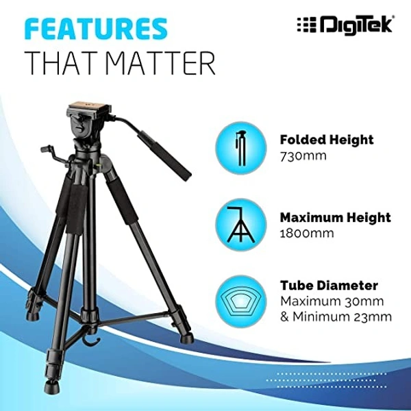DIGITEK® (590 VD PRO) Tripod For DSLR & Video Cameras, Operating Height : 5.90 Feet, Maximum Load Upto: 3 Kg, Lightweight & Sturdy Tripod With 2 Way Adjustable Head