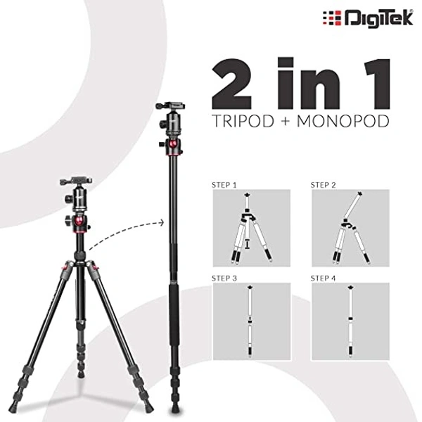 Digitek DTR 520 BH (60 Inch) Professional Aluminum Tripod Cum Monopod With Swivel Pan Head, For DSLR Camera | Maximum Operating Height: 4.95 Feet | Maximum Load Upto: 7kgs (Black) (DTR 520 BH) - 1510mm (4.95 ft)