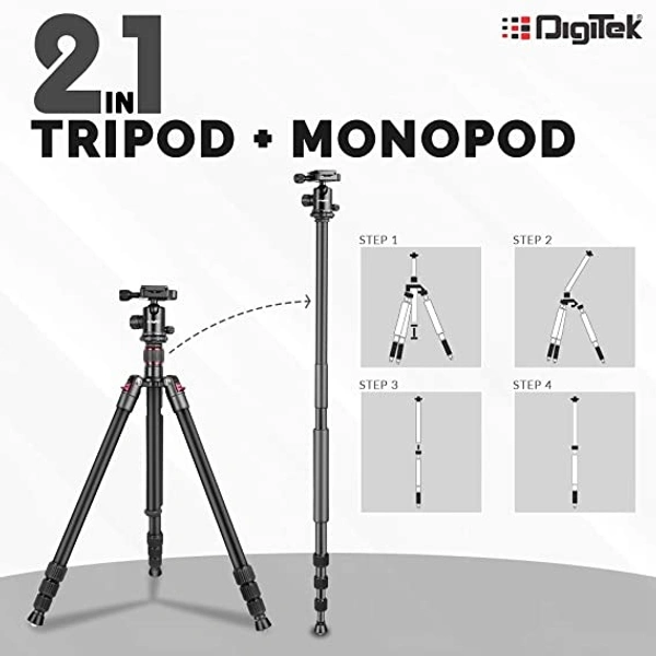 DIGITEK® (DTR-500BH) (152 Cm) Professional Aluminum Tripod Cum Monopod, With Swivel Pan Head, Maximum Operating Height : 1510 Mm, Maximum Load Upto: 7kgs (Black) - 152 Cm