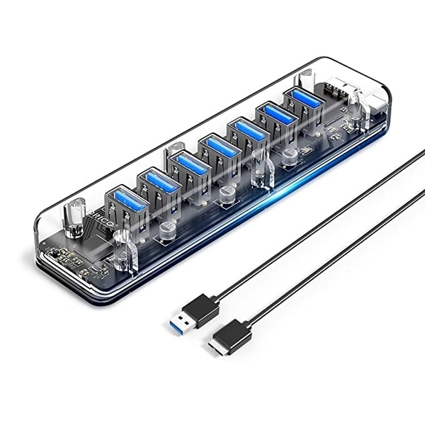 ORICO USB 3.0 Hub, 7 Ports USB3.0 Transparent Desktop HUB with Blue Indicator Light & Dual Port Power Supply with 1M Cable