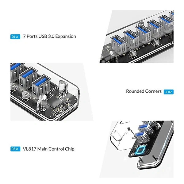 ORICO USB 3.0 Hub, 7 Ports USB3.0 Transparent Desktop HUB with Blue Indicator Light & Dual Port Power Supply with 1M Cable