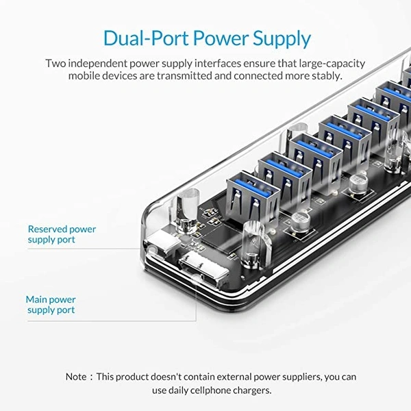 ORICO USB 3.0 Hub, 7 Ports USB3.0 Transparent Desktop HUB with Blue Indicator Light & Dual Port Power Supply with 1M Cable