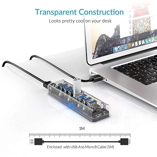 ORICO USB 3.0 Hub, 7 Ports USB3.0 Transparent Desktop HUB with Blue Indicator Light & Dual Port Power Supply with 1M Cable